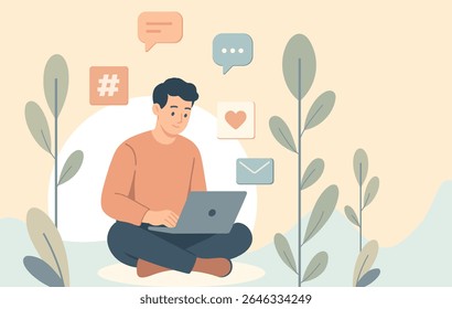 Flat Design Character Illustration of a Social Media Worker Using a Laptop Outdoors with Nature Background, Surrounded by Digital Icons in Soft Pastel Colors, Perfect for Web and Social Media Content