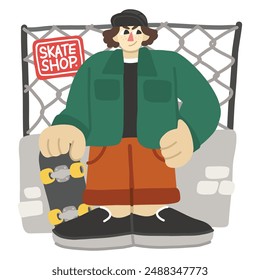 Flat design character illustration of stylish skateboarder in front of a skate shop sign