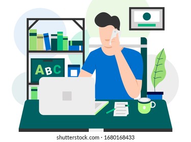 Flat design character person working on computer while discussing with a client through a mobile phone with shelves, books, paint, plants, paper, and coffee cup elements. Vector Eps 10.