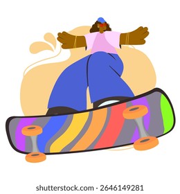 Caractere de design plano visto de skate de andar de baixo com calças brilhantes e arco-íris colorido deck