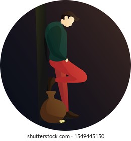 Flat Design Character of Tired Street Performer with a bag of gold, Human Activities.