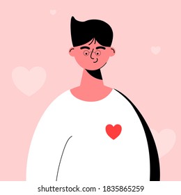 flat design character,handsome boy wearing white T-Shirt with red heart icon on his T-shirt.
