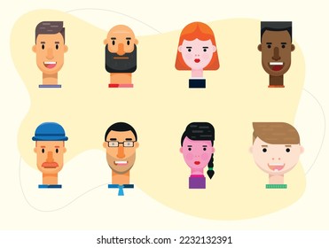 Flat Design characters,  8 Peoples Faces design, Minimalist color  