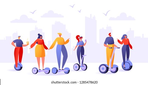 Flat design characters of men and women with hoverboards, skateboards. People, men and women riding modern electric scooter, hoverboard. Flat design character pose set. 