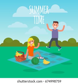 Flat design Characters on Picnic. Vector