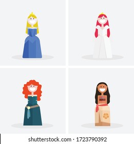 Personajes de diseño plano sonrientes princesas coloridas con vestidos de belleza