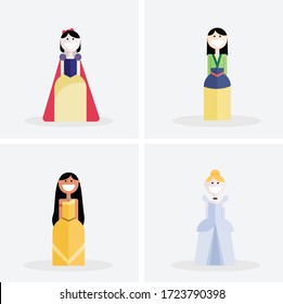 Flat design characters smiling colorful princesses with fairy-like dresses