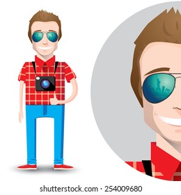 Flat design character.Young smiling man tourist with camera wearing aviator sunglasses