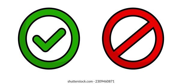 Marca de verificación de diseño plano y conjunto de iconos de marca prohibido. Vector.