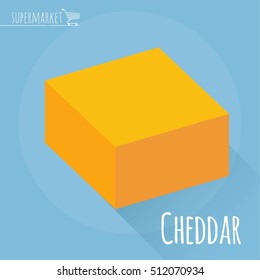 Flat design Cheddar cheese vector icon on light blue background with long shadow