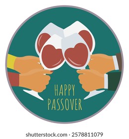 flat design cheers vector from slavery to freedom. hands people vaccinated clinking. enjoy together holding red wine glass. happy passover holiday celebration during corona virus. eat, drink and love