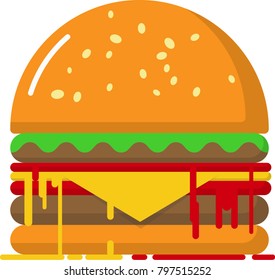 Flat design cheese burger with sesame seeds buns, two meat patties, lettuce, mustard and ketchup. World popular fast food.