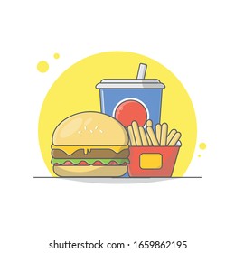 flat design of cheese burger with softdrink and french fries.
