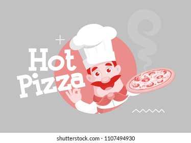 Flat Design Chef Banner with Hot Pizza Text  Vector Illustration