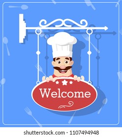 Flat Design Chef with Welcome Sign Board Vector Illustration