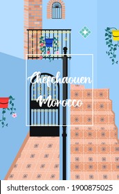 Flat design of Chefchaouen, Morocco. Beautiful building. Blue building