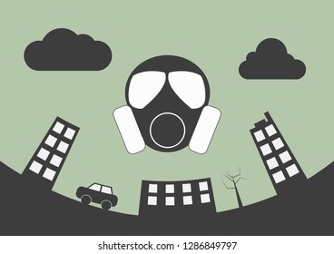 Flat design of chemical mask with town in grey scale. Concept for environmental pollution.
