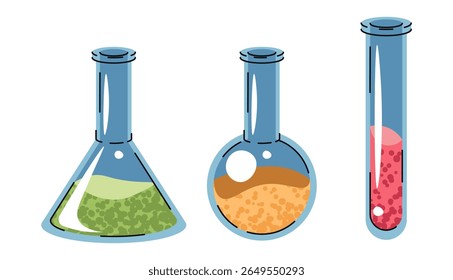 Flat Design Chemistry Set with Test Tubes and Flasks on White Background. Science Lab Equipment for School Experiments, Research and Education. Perfect for Classroom Posters and Laboratory Branding