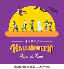 Flat design, Children in colorful costumes go trick-or-treating on Halloween