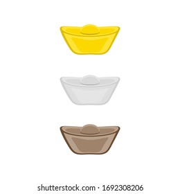 Flat design of Chinese gold ingot. Ingot 3 color gold, silver and copper on white background.