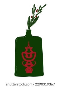Flat design, Chinese style bottle vase with a sprig of berries and leaves, minimalism, a pattern on a vase, an interior item, an element for design