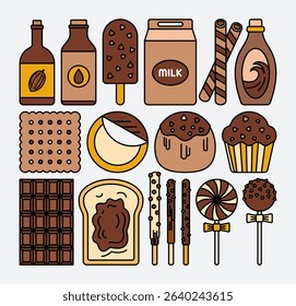 Flat design chocolate icons including bars, spreads, drinks, desserts, and treats. Perfect for World Chocolate Day, food designs, and sweet themed graphics.