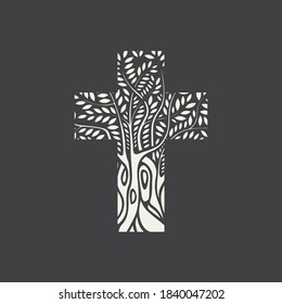 Flat design of a Christian cross in the form of a tree on a dark background. Vector illustration, religious symbol, icon, logo, emblem, design element. Decorative tree in the shape of a cross.