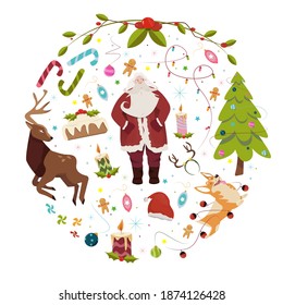 Flat design christmas background with characters. Santa Claus, Reindeer, Christmas tree, garland, dog corg, sweets, christmas elements in circle. Vector illustration