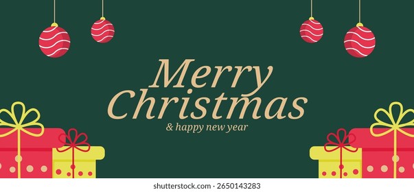 Flat design Christmas banner with gifts, baubles, and greeting text. Perfect for holiday promotions, invitations, and festive decorations.