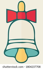 Flat design Christmas bell with red bow.  Sign of Merry Christmas, New Year, holiday, winter, cold, snow, gifts, new school year. EPS 10 vector isolated illustration