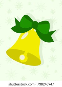 Flat design Christmas Bell with ribbon on green background with snowflakes 