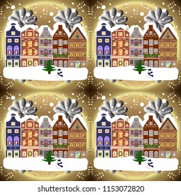 Flat design. Christmas card Happy Holidays banner. Urban winter landscape. Vector illustration. Snowy street.