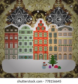 Flat design. Christmas card Happy Holidays banner. Vector illustration. Urban winter landscape. Snowy street.