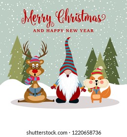 Flat design Christmas card with reindeer, squirrel and gnome . Christmas poster. Vector
