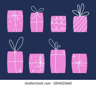 Flat design christmas concept.A set of flat design elements. Сollection set with cute surprise gift boxes. Stock vector illustration