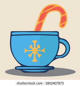 Flat design Christmas cup with candy stick and snowflake. Symbol of comfort, hot drink, coffee, tea, cacao, celebration. Sign of Merry Christmas, New Year, holiday. EPS 10 vector isolated illustration