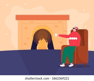 Flat design Christmas fireplace scene concept. festively decorated interior, home, flat design. Room with fireplace, sofa, rack, coffee, with winter landscape in flat style. Vector illustration.