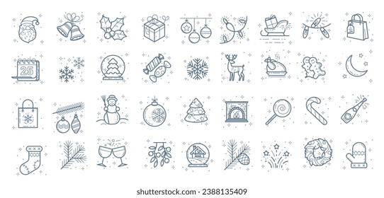 Flat design Christmas line icon vector set. New year signs for web design and mobile app. Outline style pictogram collection.