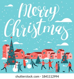 Flat design Christmas and New Year vector template. Men, women and chidren walking outdoor Christmas activities on the old town buildings background. Flat cartoon illustration