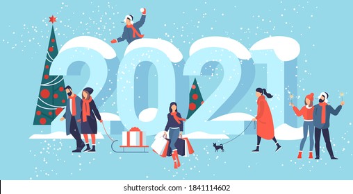 Flat design Christmas and New Year vector concept. Preparing to meet 2021 new year. Business people building the numbers 2021. 