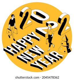 Flat design Christmas and New Year isometric greeting card, web page, banner and poster template for landing, presentation and mobile app. Black and yellow two color 2022 mock up.
