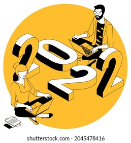 Diseño plano tarjeta de felicitación isométrica de Navidad y Año Nuevo, página web, banner y afiche para aterrizaje, presentación y aplicación móvil. El negro y el amarillo de dos colores de 2022 se burlan.
