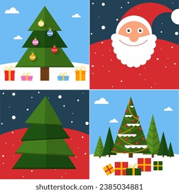 Flat design Christmas and New Year vector greeting card set with funny Santa christmas tree and gift boxes.