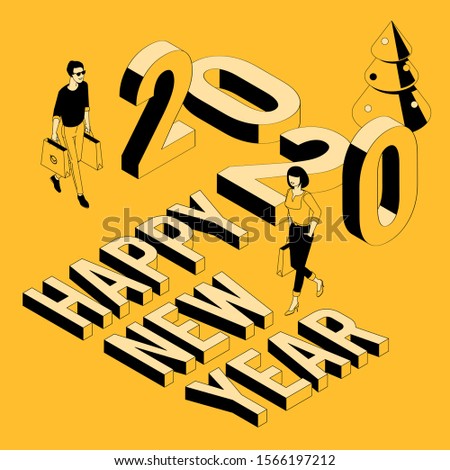 Flat design Christmas and New Year isometric greeting card, web page, banner and poster template for landing, presentation and mobile app. Black and yellow two color 2020 mock up.
