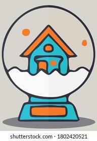 Diseño plano globo de nieve navideño, bola de vidrio con una casa, luna y copo de nieve adentro.  Signo de Feliz Navidad, Año Nuevo, vacaciones, invierno, frío, nieve, regalos. Ilustración aislada del vector EPS 10