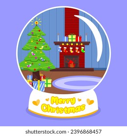 Flat design Christmas snow globe toy with fireplace