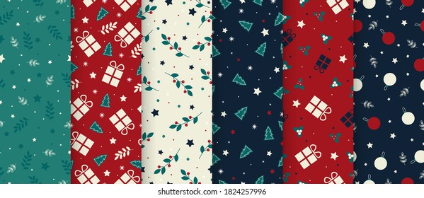 Flat design christmas template set. Set 6 cute seamless winter time patterns with traditional ornaments. Simple classic xmas setting for background, wrapping paper. Vector illustration