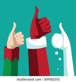 Flat design Christmas thumbs up with elf, Santa Claus and snowman. EPS 10 vector.