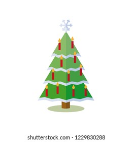 Árbol de Navidad de diseño plano decorado con velas, nieve y copos de nieve