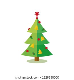 Flat Design Christmas Tree decorated with hollies, bells and baubles